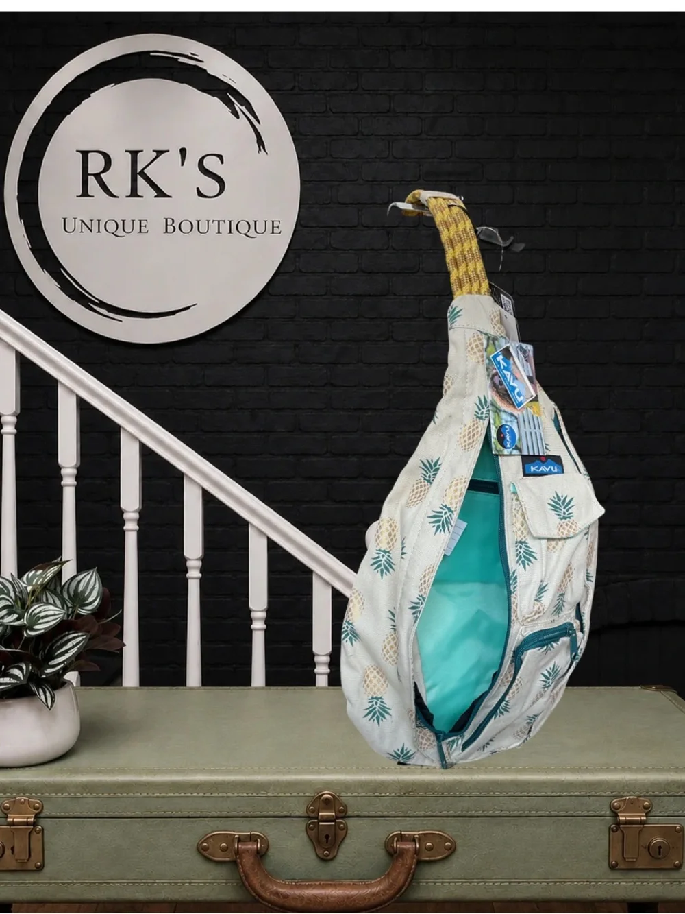 Kavu Cream Sling Bag with Teal Pineapple Print